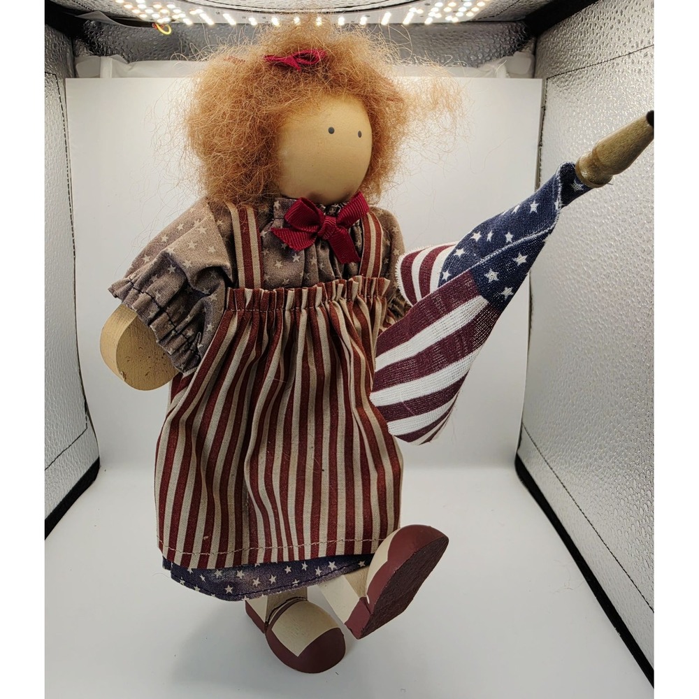 Vintage 1991 Ladie And Friends 18in Patriotic Wooden Girl Play Doll USA Flag